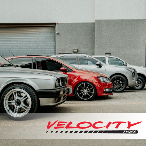 A series of cars fitted with velocity tyres